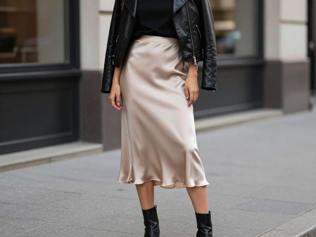 Woman in champagne silk skirt with black leather jacket for edgy contrast
