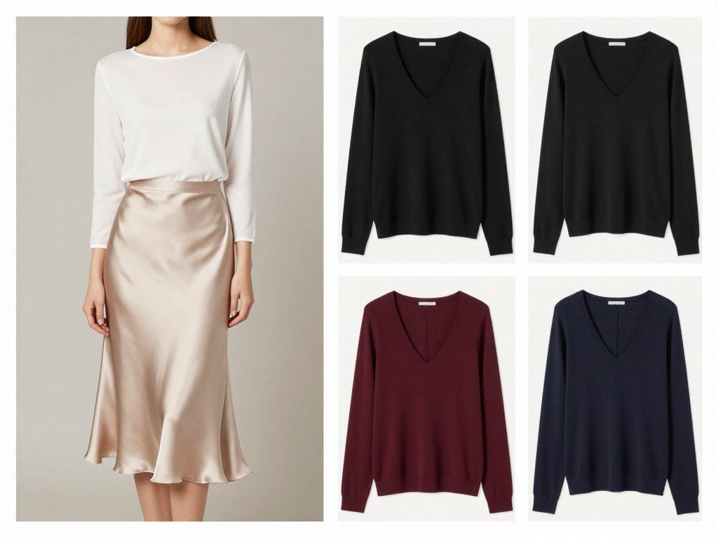 Woman in champagne silk skirt with various colored tops showing versatility