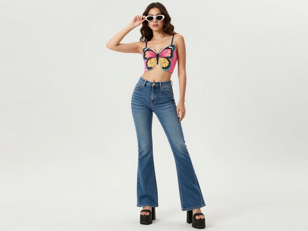 Woman in colorful Y2K inspired outfit with crop top and low-rise jeans, summer outfits aesthetic