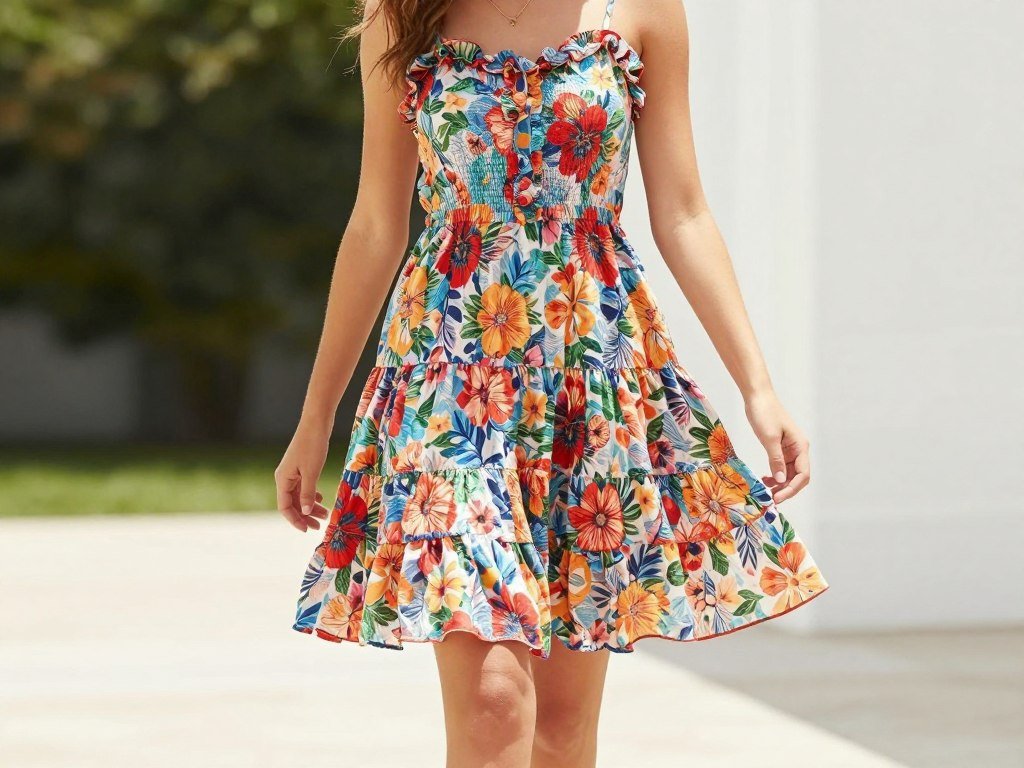 Woman in colorful floral print sundress with ruffle details