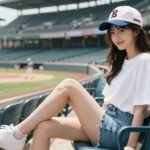 Woman in comfortable baseball game outfit sitting in stadium seats on a sunny summer day