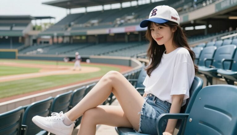 Woman in comfortable baseball game outfit sitting in stadium seats on a sunny summer day