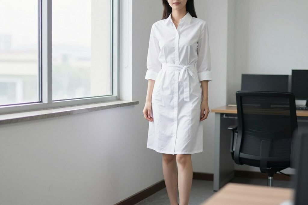 Woman in cotton poplin shirt dress as a summer work outfit for office