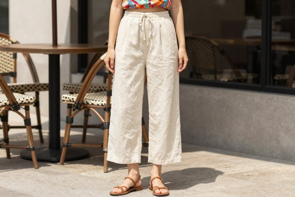 Woman in cream linen pants with crop top and sandals in summer