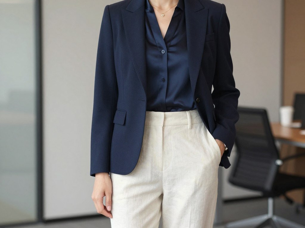 Woman in cream linen trousers with tailored blazer in office setting