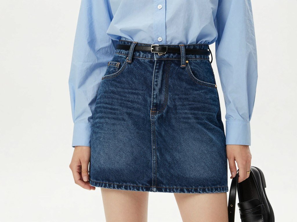 Woman in dark wash short jean skirt with structured blouse and leather loafers