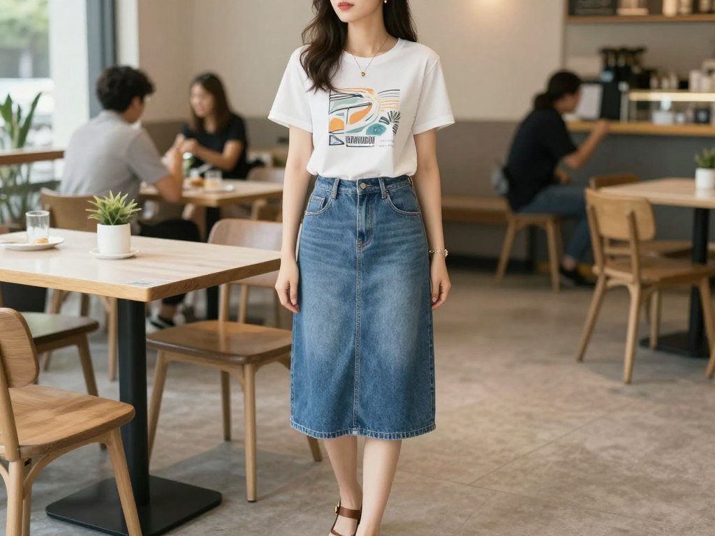 Woman in denim midi skirt and graphic t-shirt at weekend brunch