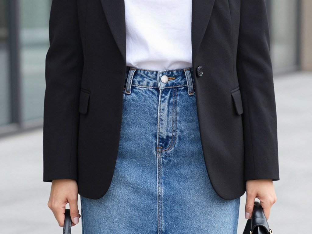 Woman in denim midi skirt with tailored blazer and ankle boots