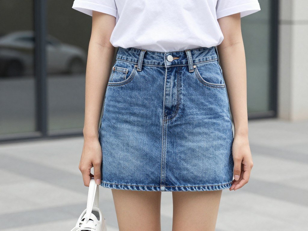 Woman in denim mini skirt with white t-shirt and sneakers