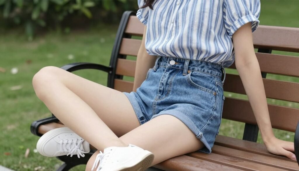 Woman in denim shorts and striped top sitting on park bench - cute casual summer outfits