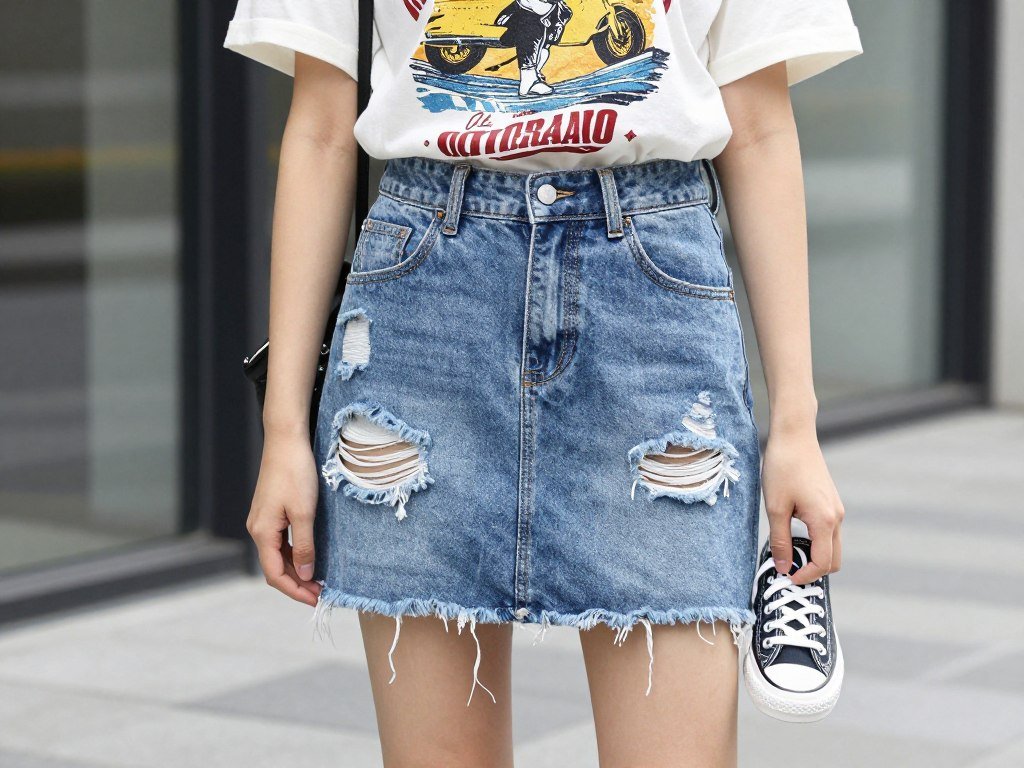 Woman in denim skirt with graphic tee and converse sneakers