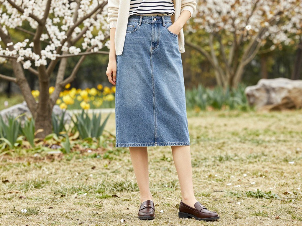 Woman in denim skirt with light cardigan and loafers for spring