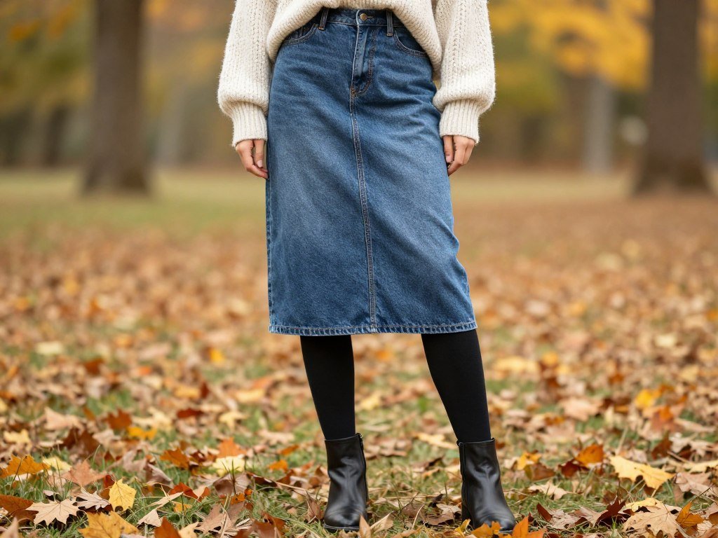 Woman in denim skirt with sweater, tights and ankle boots for fall