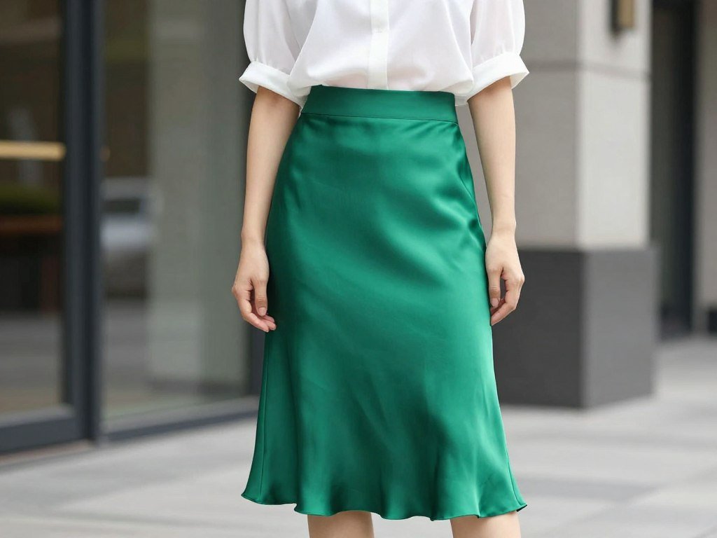 Woman in emerald green silk skirt with simple white top