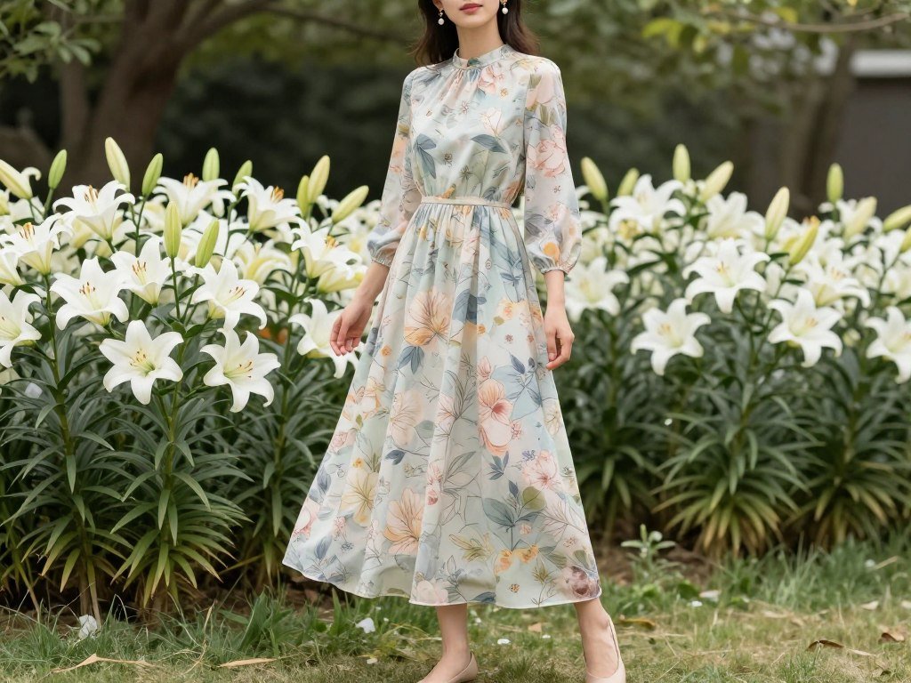 Woman in floral maxi dress for Easter church