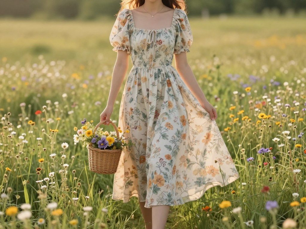 Woman in floral midi dress in a flower field, embodying cottagecore summer outfits aesthetic