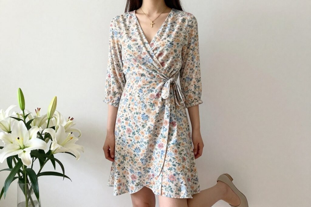 Woman in floral wrap dress for Easter church service