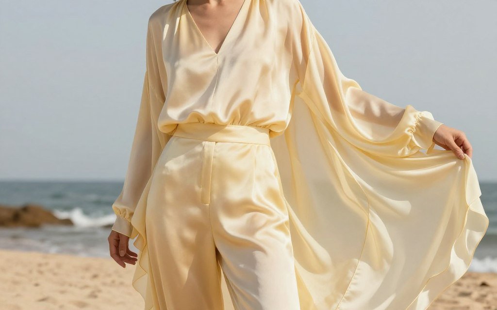 Woman in flowing draped silk outfit for spring 2026 trends