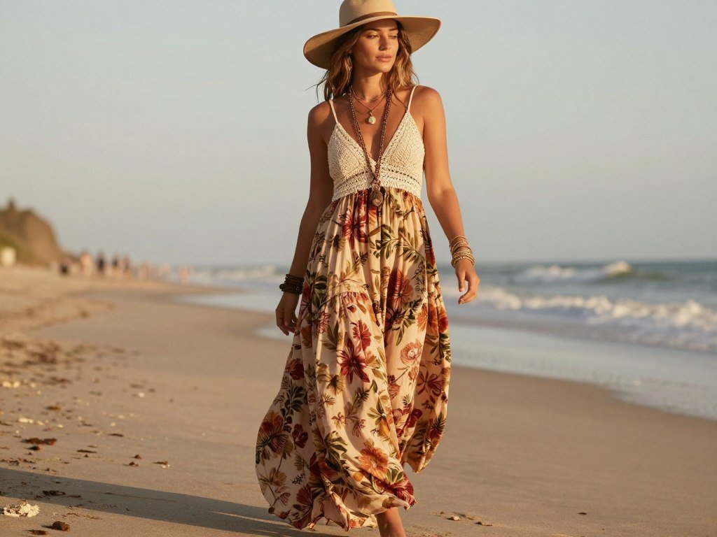 Woman in flowing maxi dress with bohemian accessories walking on beach, representing boho cute summer outfits aesthetic
