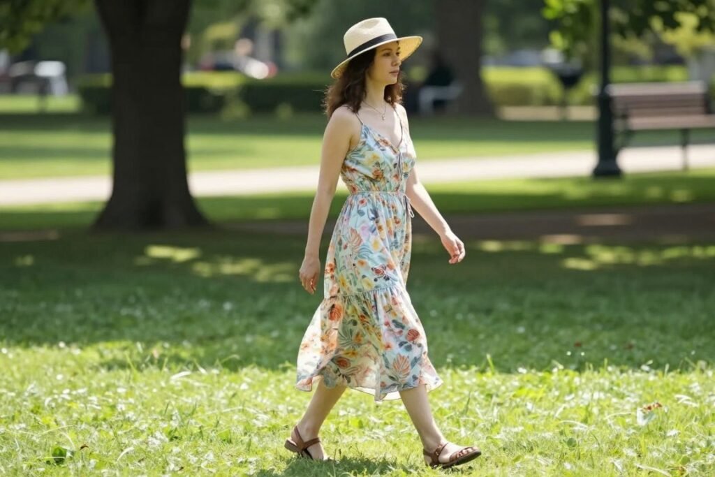Woman in flowy floral sundress walking through park on sunny day - cute casual summer outfits