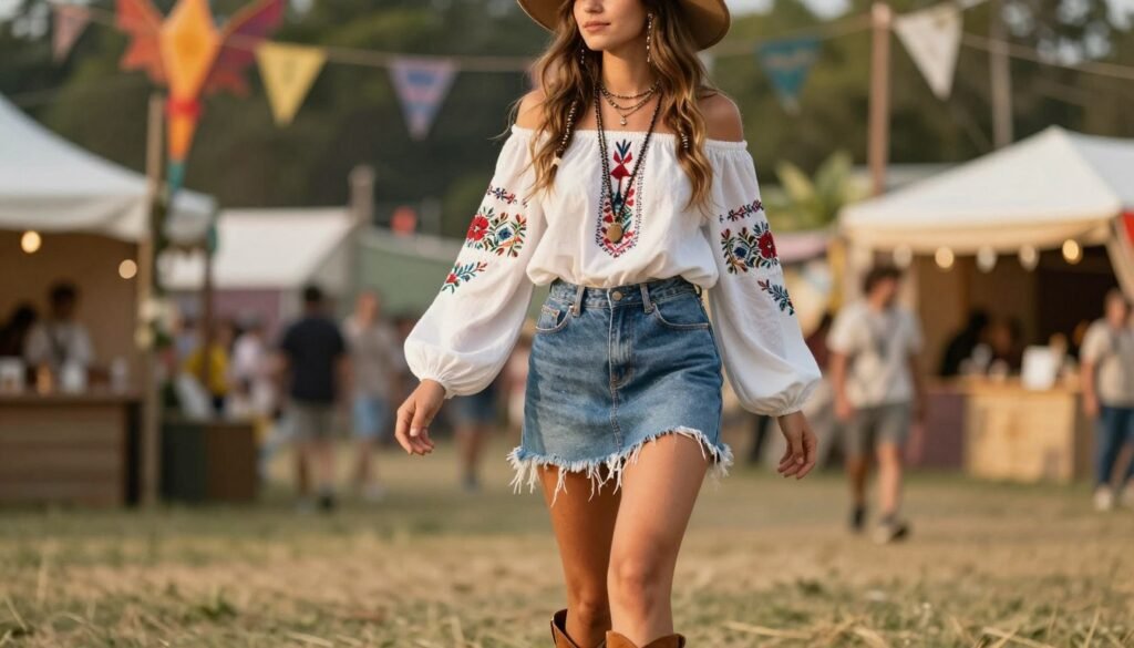 Woman in frayed denim mini skirt with embroidered off-shoulder top and ankle boots for summer festival denim outfit