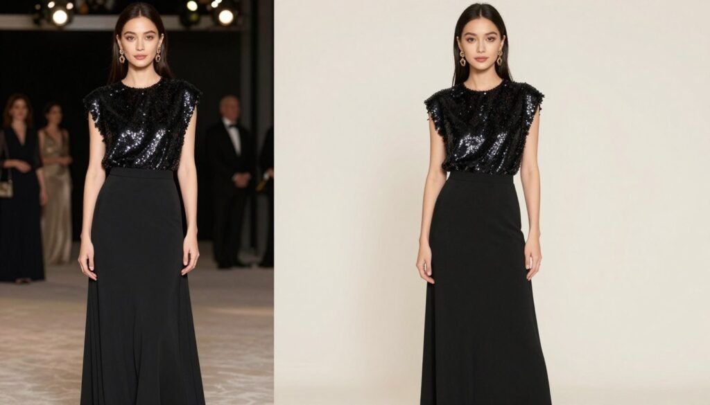 Woman in glamorous long black skirt outfit for evening event with sequin top