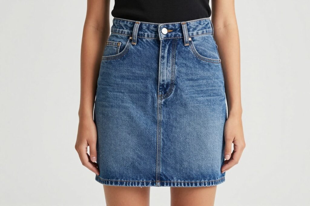 Woman in high-waisted denim skirt that flatters most body types