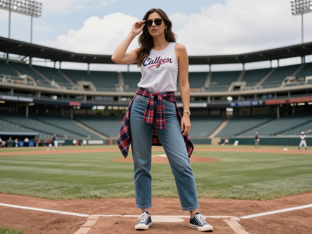 Woman in layered outfit with team tank, flannel tied around waist, and jeans at a baseball game