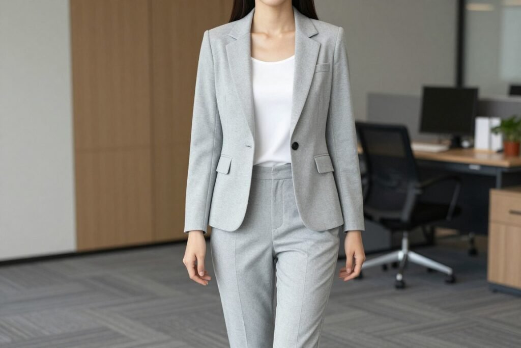 Woman in lightweight wool blend summer suit for office wear