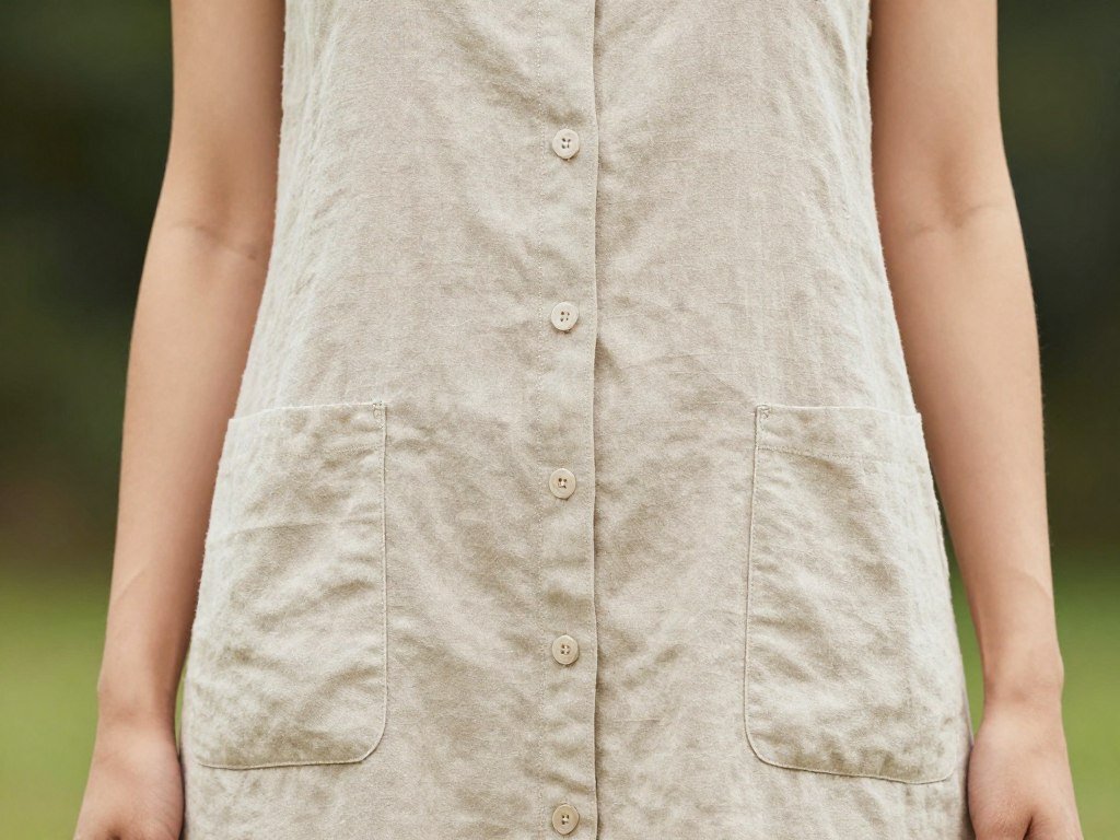 Woman in linen button-front sundress with pockets