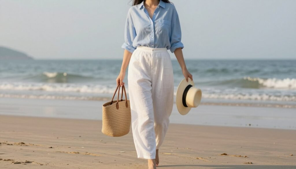 Woman in linen pants and button-down shirt walking on beach at sunset, embodying coastal grandmother cute summer outfits aesthetic