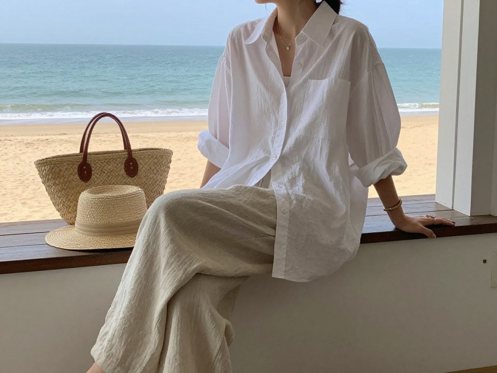 Woman in linen pants and oversized button-down shirt on coastal porch, summer outfits aesthetic