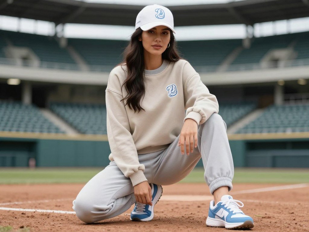 Woman in matching sweat set with team baseball cap and accessories