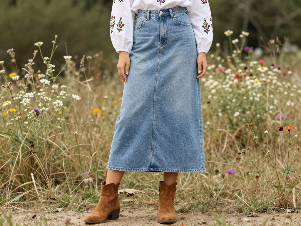Woman in maxi denim skirt with embroidered peasant blouse and ankle boots