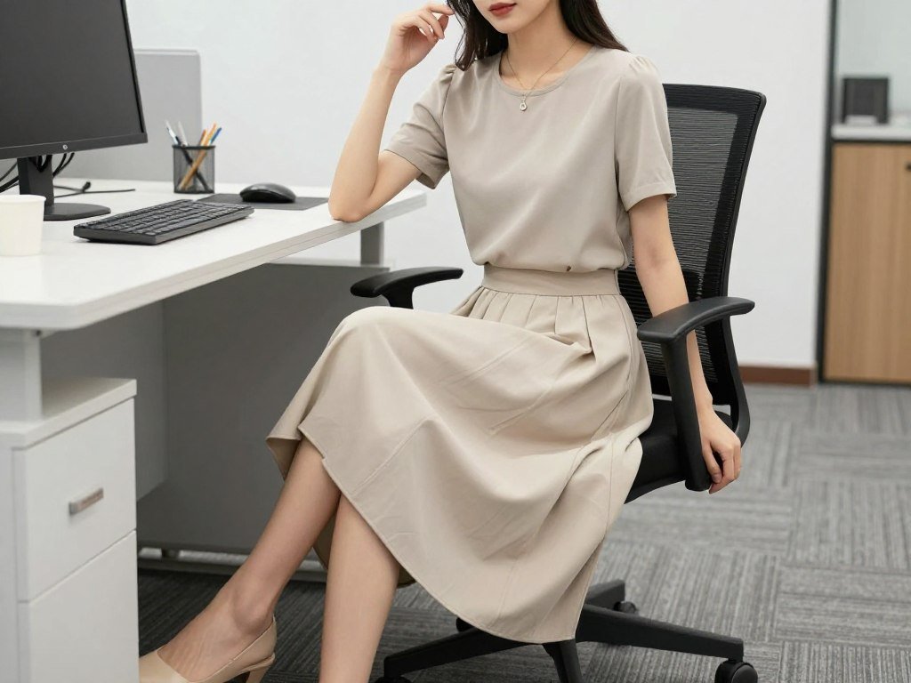 Woman in midi skirt and short-sleeve blouse at desk
