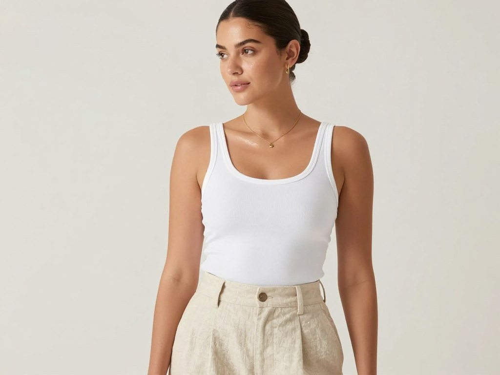 Woman in minimalist summer outfit with white tank top, beige linen shorts and simple gold jewelry, embodying clean girl cute summer outfits aesthetic