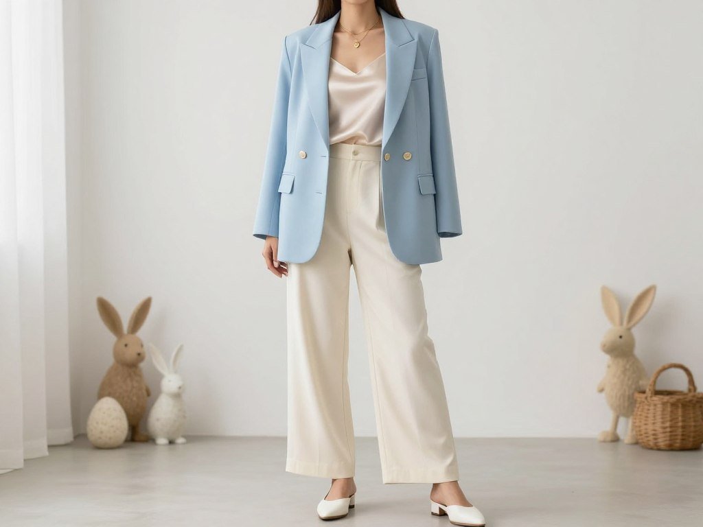 Woman in modern Easter outfit featuring wide-leg pants and pastel blazer