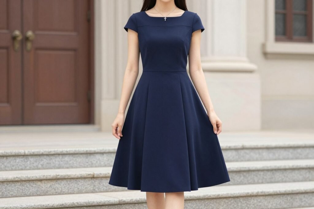 Woman in navy blue Easter dress suitable for church service
