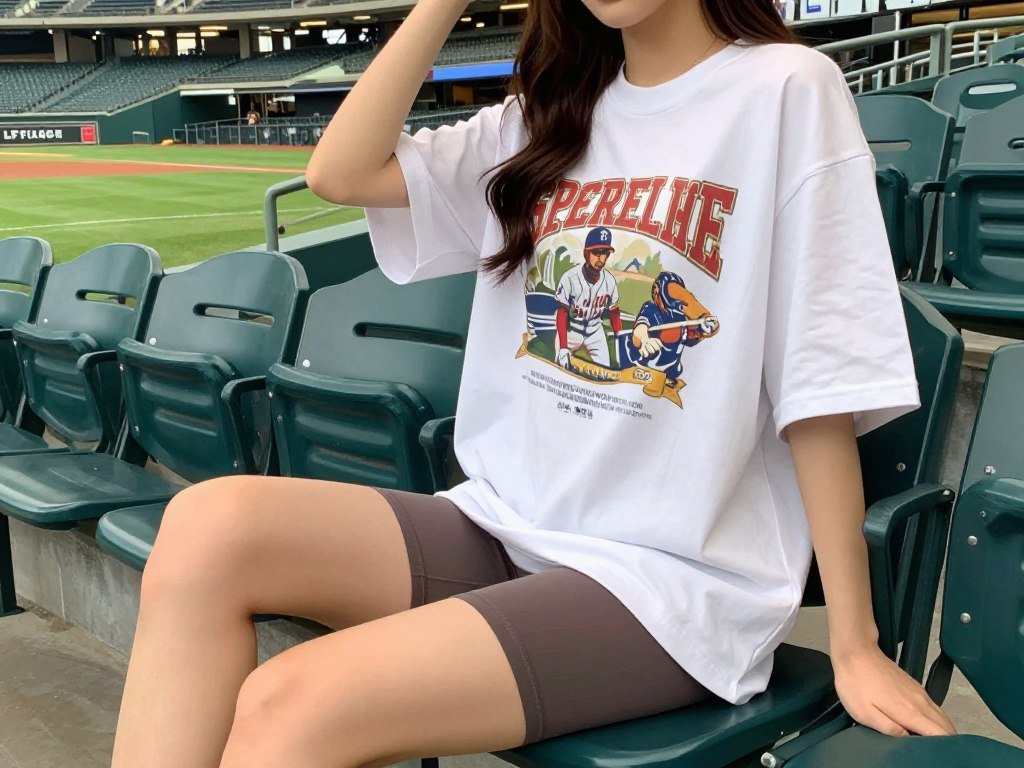 Woman in oversized graphic tee and bike shorts at baseball game