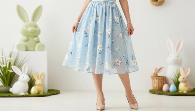 Woman in pastel Easter outfit with floral dress and accessories for spring celebration