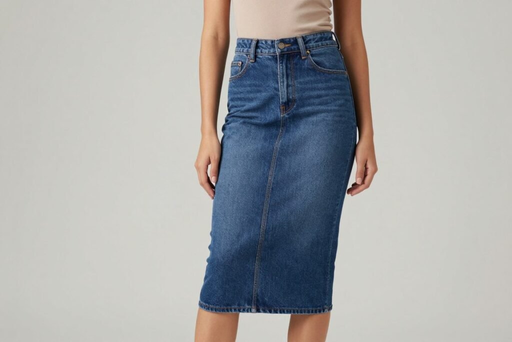 Woman in pencil denim midi skirt that flatters hourglass figures