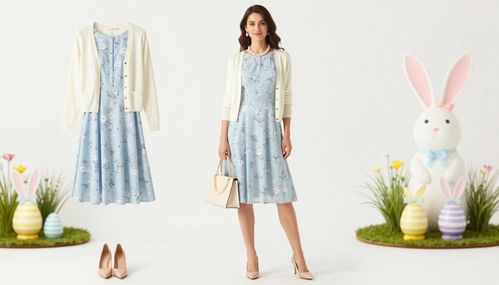 Woman in perfectly coordinated Easter outfit with complementary accessories