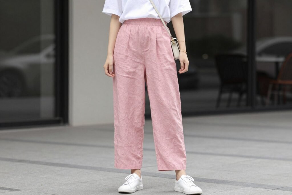 Woman in pink linen pants paired with a simple white t-shirt and minimal accessories