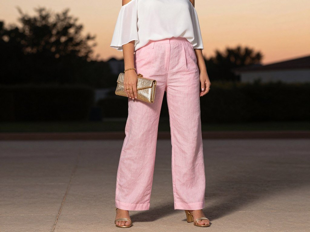 Woman in pink linen pants with an off-shoulder white top and gold accessories