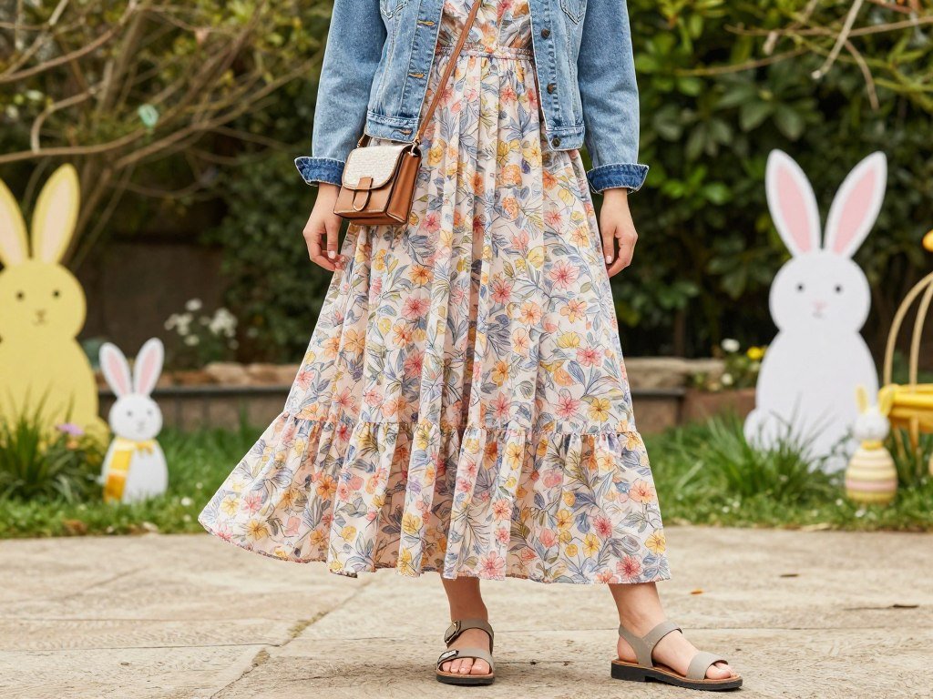 Woman in practical Easter outfit suitable for outdoor activities