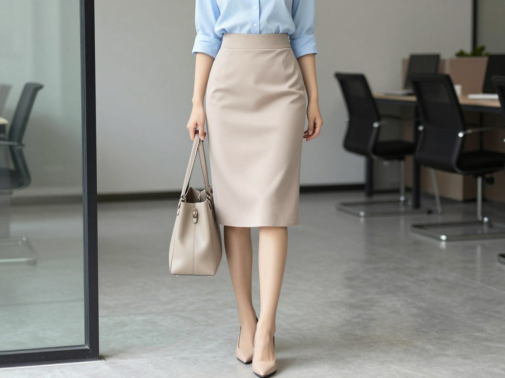 Woman in professional satin skirt outfit for summer office wear