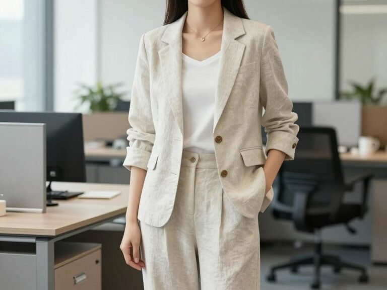 Woman in professional summer work outfit made of breathable linen fabric