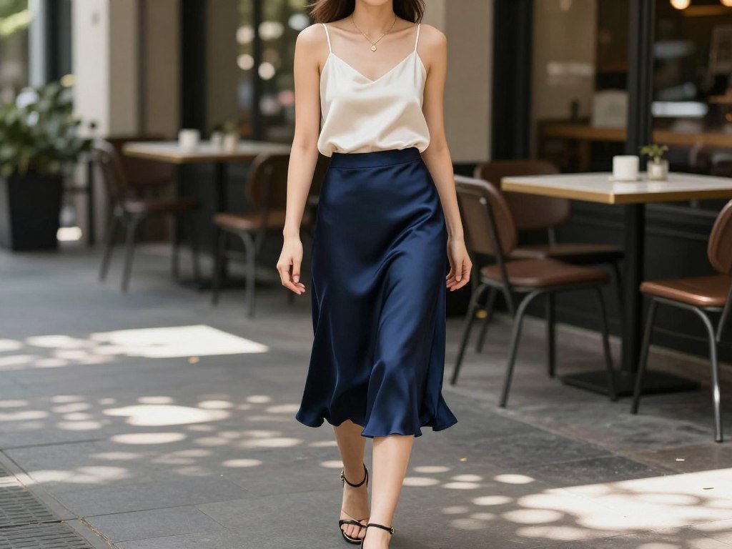Woman in satin skirt outfit summer look for brunch with silk camisole