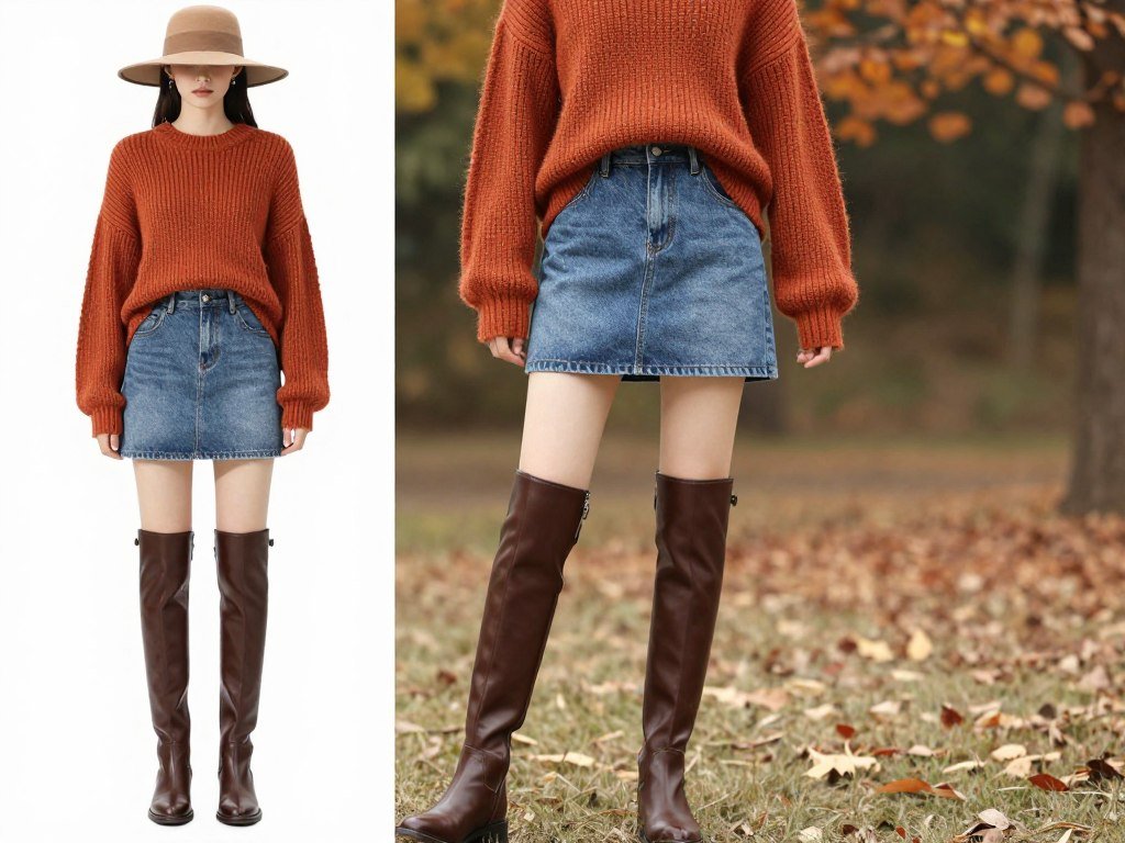 Woman in short jean skirt with oversized rust sweater and tall brown boots