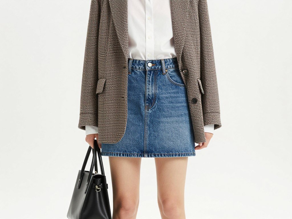 Woman in short jean skirt with white button-down shirt and checked blazer
